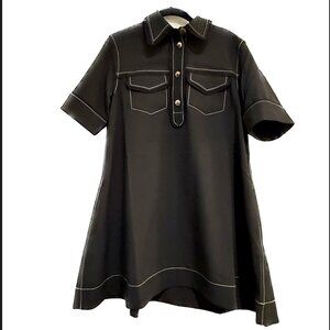 NWT Ganni Crepe Sable Mini Trapeze Dress Black with White Stitching